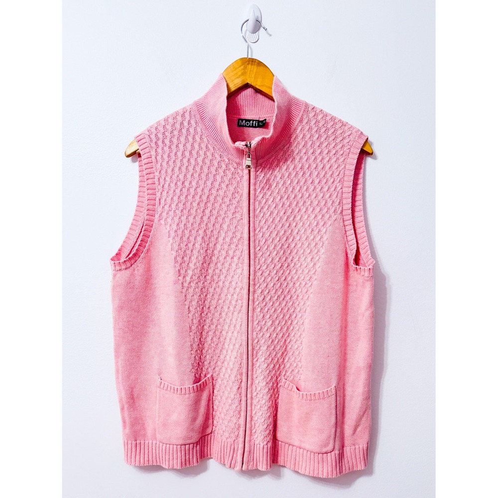 MOFFI Pink Cable Knit Full Zip Mock Neck Sleeveless Sweater Vest X-Large
